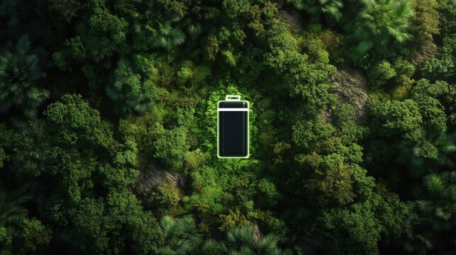 Green energy battery floating over lush forest, renewable concept