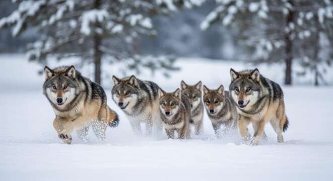 Wolf pack runs through a snowy winter landscape, determined and fast.
