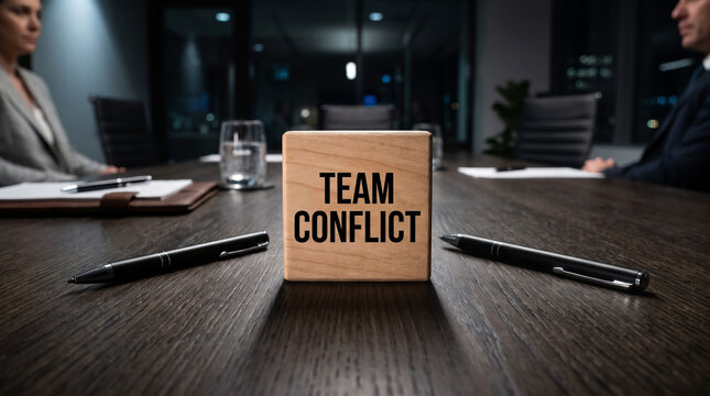 Team conflict block on a corporate meeting table representing disagreement and communication breakdown