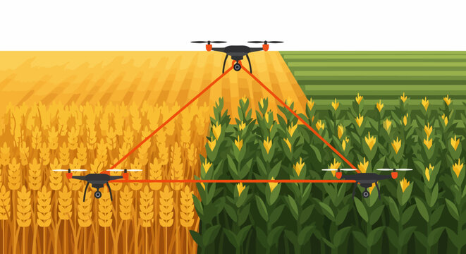 Three drones monitoring wheat and corn fields for smart agriculture