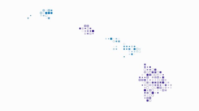 Hawaii animation. Shape of the state with pulsating colored dots. Small size rounded square blocks. Digital style map on white background. Vibrant video.