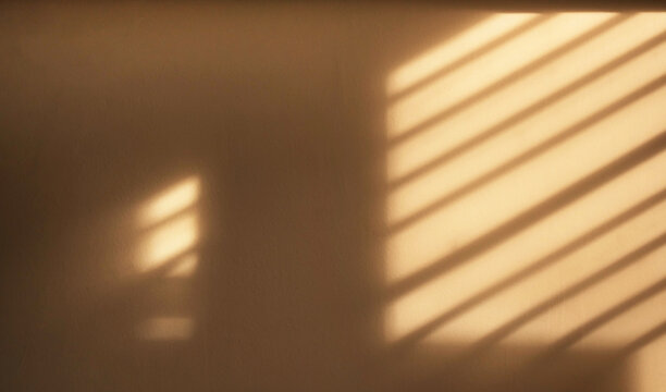 Warm sunlight casting soft window shadows on a beige wall. Creating a minimalist abstract background with natural light, texture and copy space.