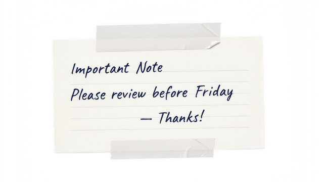 Handwritten note with text 'Important Note Please review before Friday Thanks' taped on a clean surface Isolated on transparent background