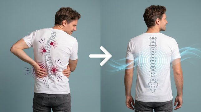 Before and after comparison of man suffering from back pain finding relief through spinal treatment showing healthy spine recovery concept