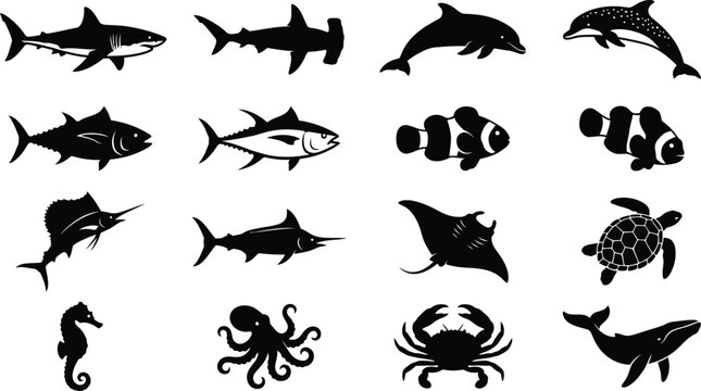 Fish and Marine Animal Silhouette Collection, Ocean Wildlife Sea Creature Icon Set