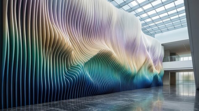 Spectacular wavy wall installation in modern lobby with skylight and polished floors