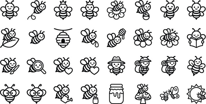 Honey Bee Cute Character Line Icon Set Featuring Honeycomb Hives, Flower Nectar, Queen Bees, Sweet Honey Jars, and Friendly Insect Mascot Vector Graphics