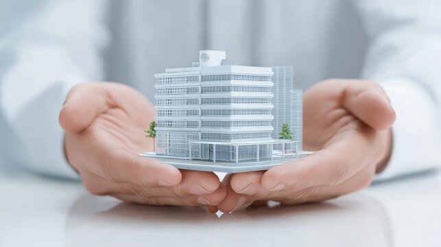 Hospital building miniature on glass table, two hands protecting it, healthcare business concept