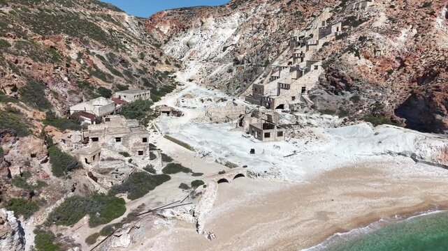 Aerial view of Paliorema abandoned sulfur mines and beach, Milos Island, Greece