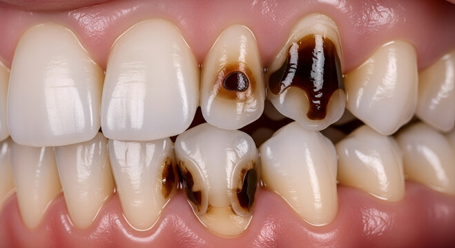 severe dental caries condition in human front teeth