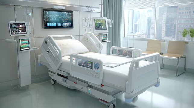 High-tech hospital bed with digital controls and side screens, empty ward background