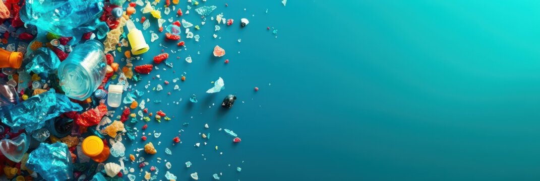 Panoramic ocean background with scattered plastic fragments and microplastics floating near surface for environmental campaign banner and awareness design. Copy space