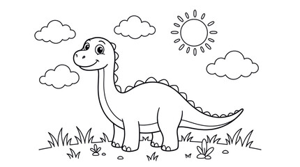 Cute brontosaurus dinosaur coloring page with sun and clouds. © rodin