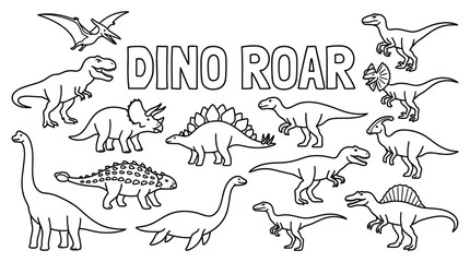 Dinosaur group with Dino Roar text coloring page. © rodin