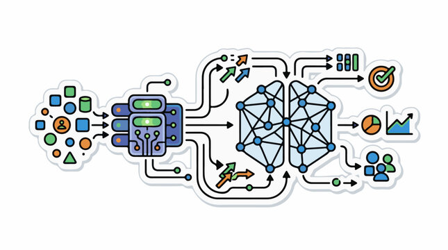 Abstract digital process flow from data input to AI analysis and output