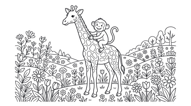 Giraffe and monkey in garden coloring page
