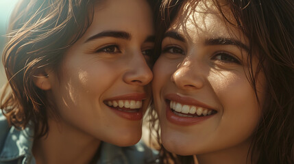 Fototapeta premium Close-up portrait of two young women with short brown hair, smiling warmly at the camera in natural sunlight.