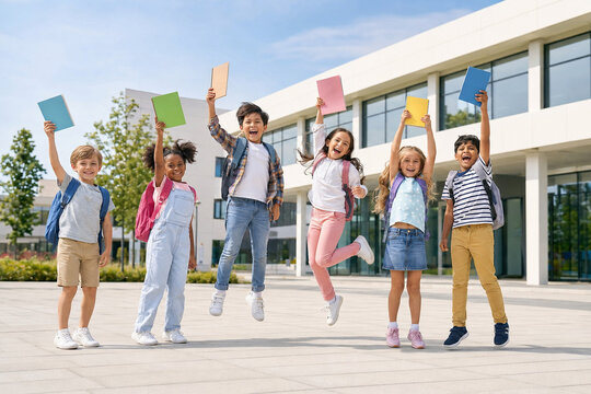 Diverse schoolchildren jumping with books in front of a modern school building photo students kids