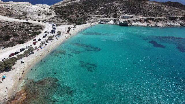 Aerial view of Prassa white sand beach and turquoise sea, Kimolos Island, Greece