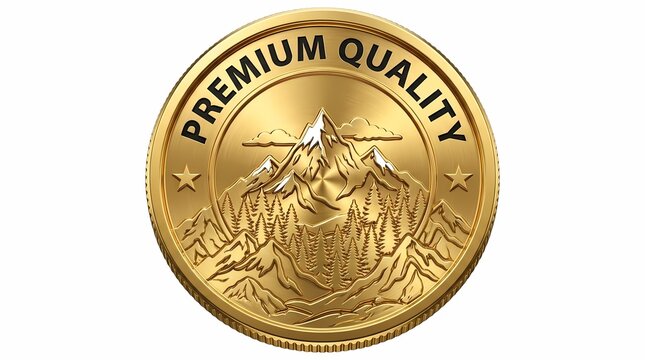 Gold circular label featuring mountain range and forest scene for luxury branding.