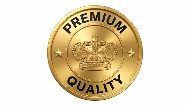 Shiny golden medal showing crown icon with premium quality text decoration.