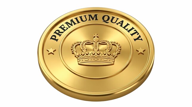 Gold coin with crown symbol and premium quality text on white background 3d.
