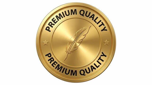 Round golden badge with feather icon and double premium quality text stamp.