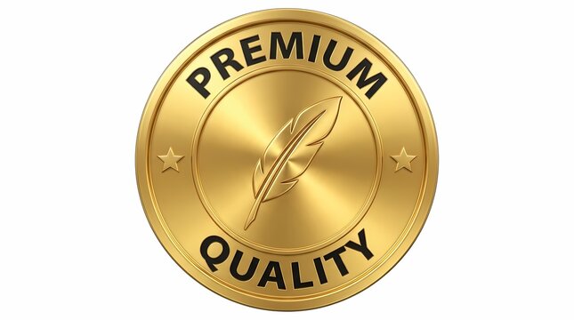 Golden seal featuring feather quill pen for premium quality writing service.