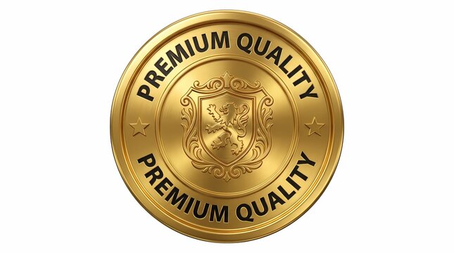 Heraldic gold shield with lion crest and premium quality text on coin label.
