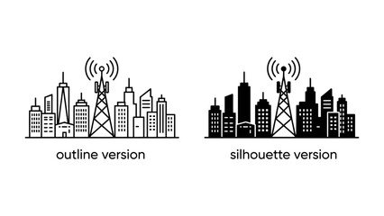Fototapeta premium Cityscape Connectivity: Two distinct depictions of a modern city skyline, one in outline and the other in silhouette, showcase the presence of communication towers.