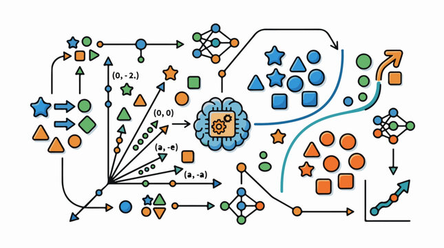 Abstract depiction of data processing with a brain icon and neural networks