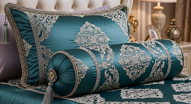 Blue silk bed sheet set with elegant white accents