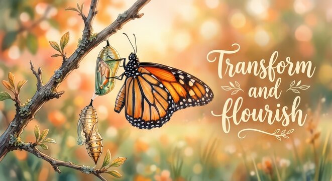 Monarch butterfly emerging from chrysalis on branch with text Transform and Flourish, symbolizing transformation and growth
