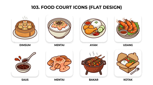 Flat Design Food Court Icons: Dim Sum, Mentai, Ayam, Udang, Saus, Bakar, Kotak