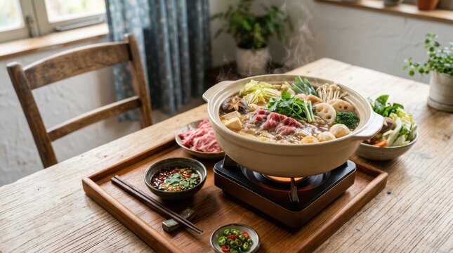 Steaming japanese hot pot shabushabu on a wooden dining table