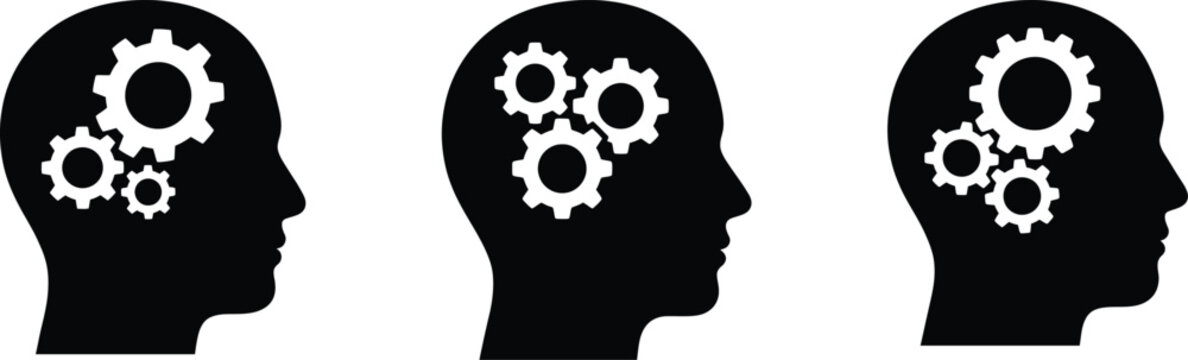 three black silhouette heads with gears in their brains