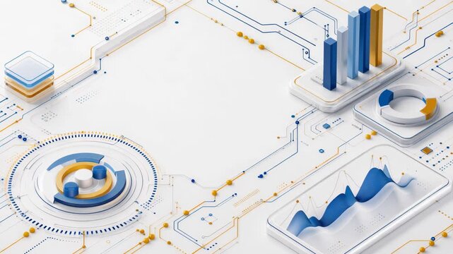 Abstract 3D data visualization with charts and graphs on a white background