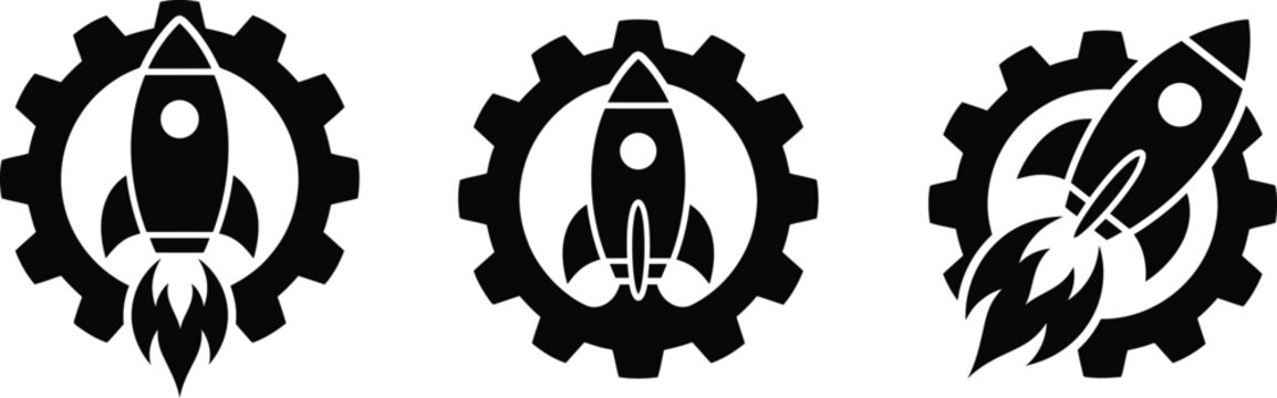 Rocket ships launching in gear icons for tech or innovation designs