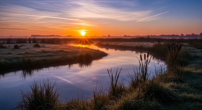 Dawn's Golden Embrace on a Frost-Kissed Riverbend