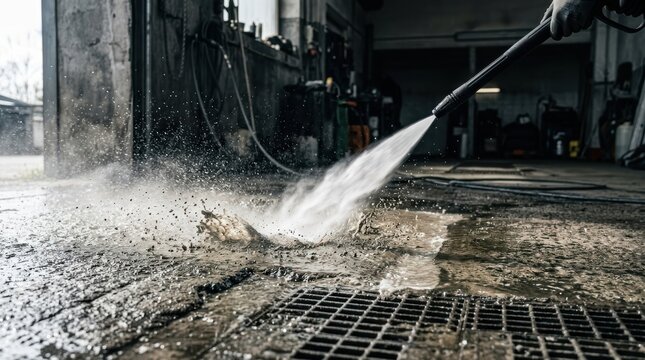Highpressure water jet cleaning a dirty concrete floor in a garage