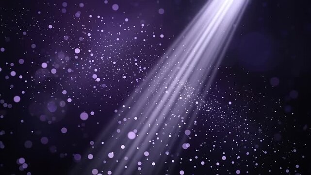 Creative Cinematic purple light rays with floating dust particles, ethereal glowing stage spotlight beam, magical violet bokeh background for video transitions 2k
