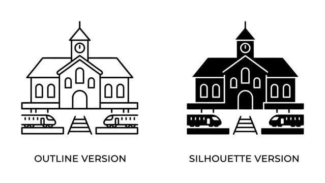 Train Station Icon: A graphic representation of a train station, showing a building with a clock tower and two trains on tracks, available in both outline and silhouette versions.