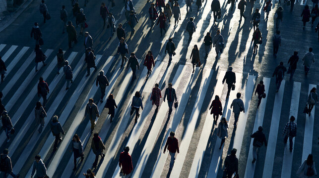 Aerial View of Busy Pedestrian Crosswalk with Commuters