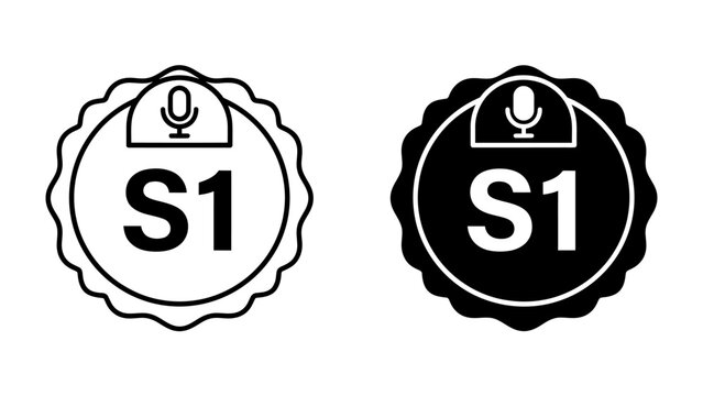 Microphone Badge S1: Two stylized badges, one in black and white outline, the other in black with white details.