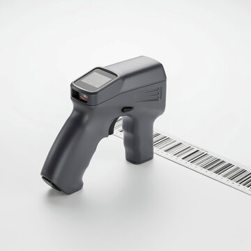 Ergonomic Barcode Scanner and Barcode Strip on White Surface handheld scanner barcode reader