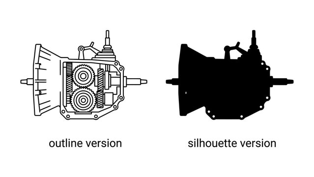 Transmission: Mechanical diagram of a car's transmission, showing internal gears in an outline version and a silhouette version.