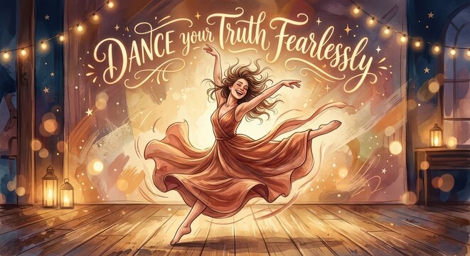Joyful woman dancing fearlessly in a warmly lit room with inspirational text overhead