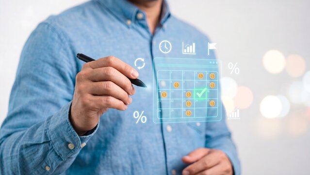 Payment schedule and recurring billing concept, man holding pen at virtual calendar with dollar coins on due dates, checkmark, clock, percent and chart, subscription plan and installment tracking