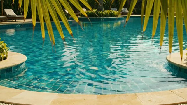 Tranquil outdoor swimming pool with glistening turquoise water surrounded by palm trees and beige tile