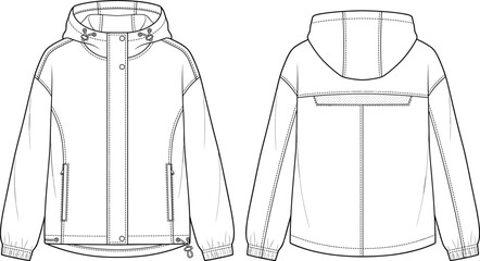 Front and Back Technical Hooded Windbreaker Jacket Flat Sketch with Full Zip and Utility Pockets © Deloara